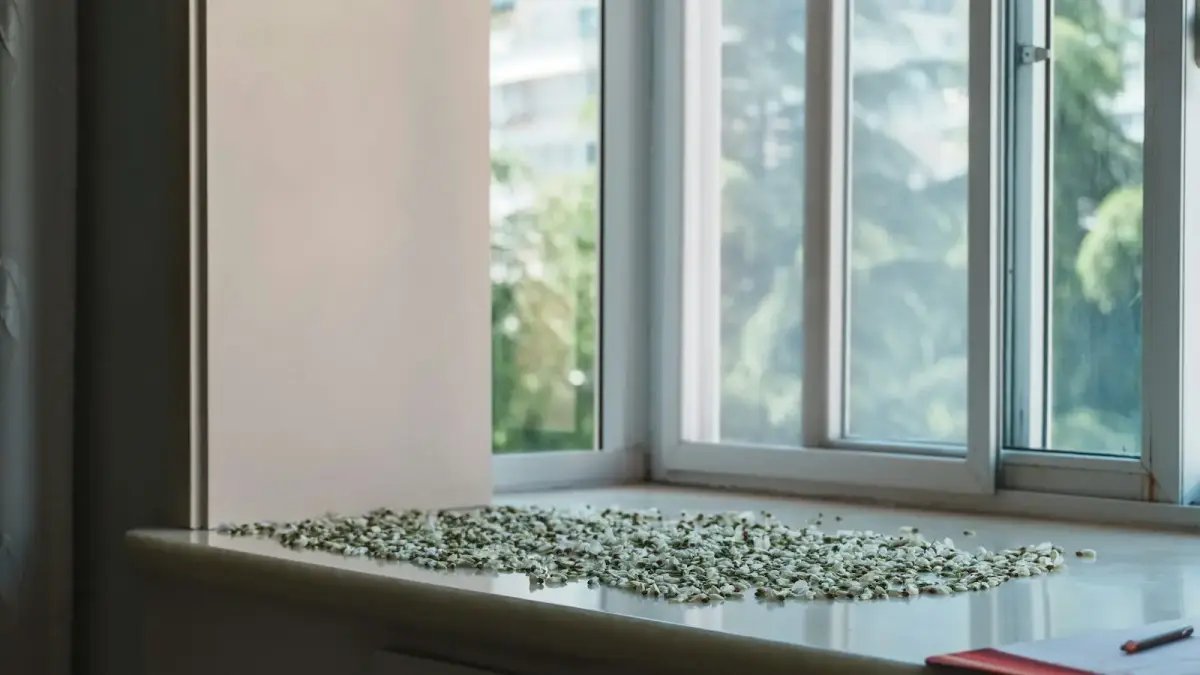 Green objects on a window sill overlooking trees and buildings