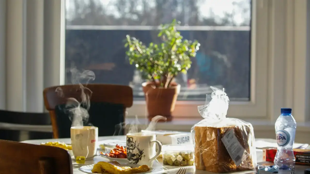 a table with food and drinks