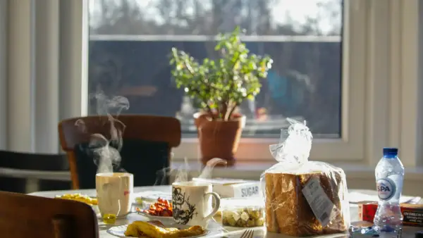 a table with food and drinks