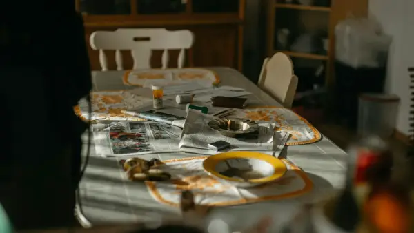 A dining table with a tablecloth and dishes.