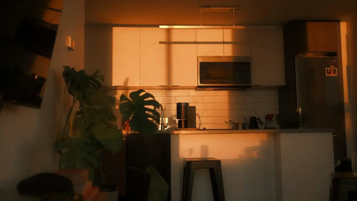 Kitchen illuminated by warm sunset light.