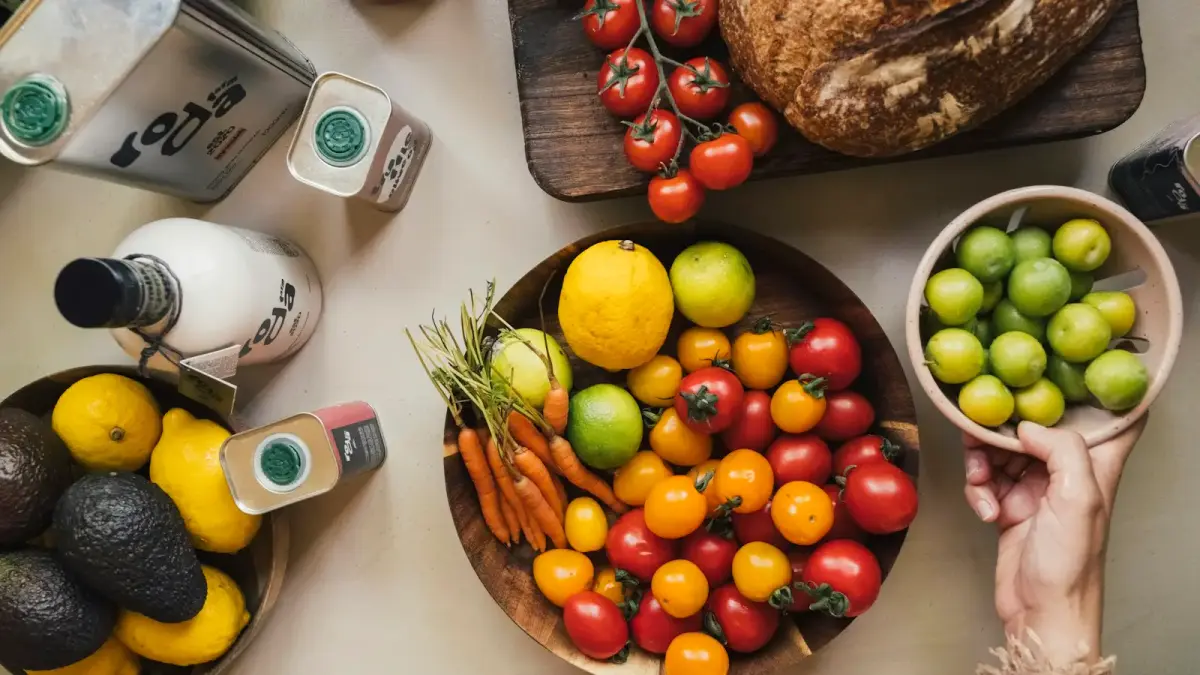 Fresh fruits and vegetables arranged on a table