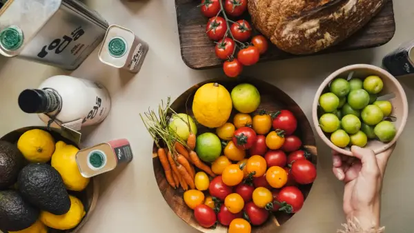 Fresh fruits and vegetables arranged on a table