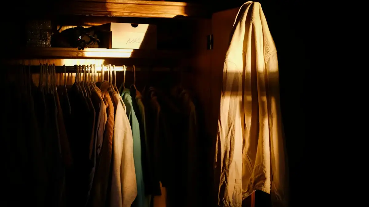 A closet with clothes hanging on a rail